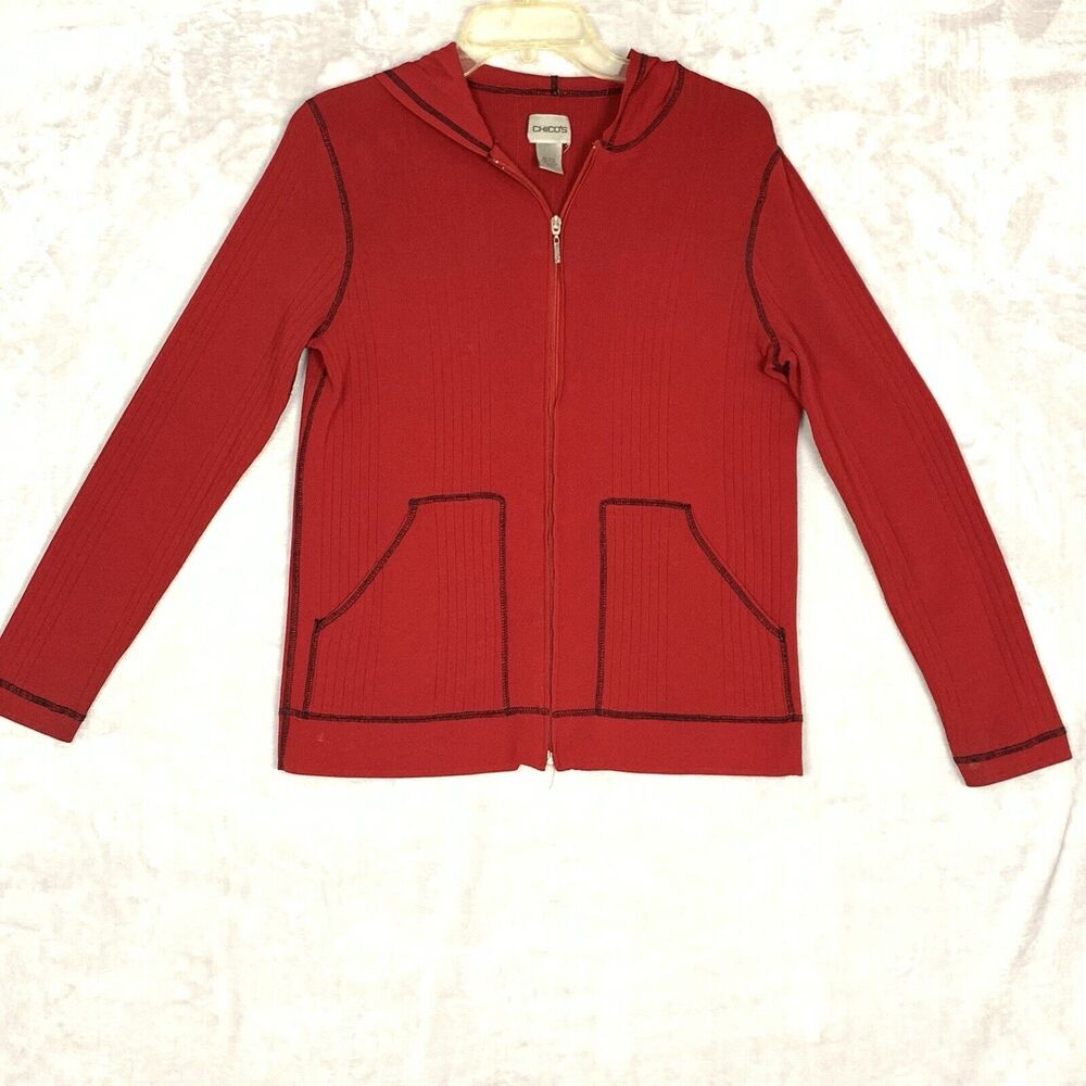 Chico’s Knit Hoodie Jacket Womens 0 (Small ) Red Sweater Full Zip Long Sleeve